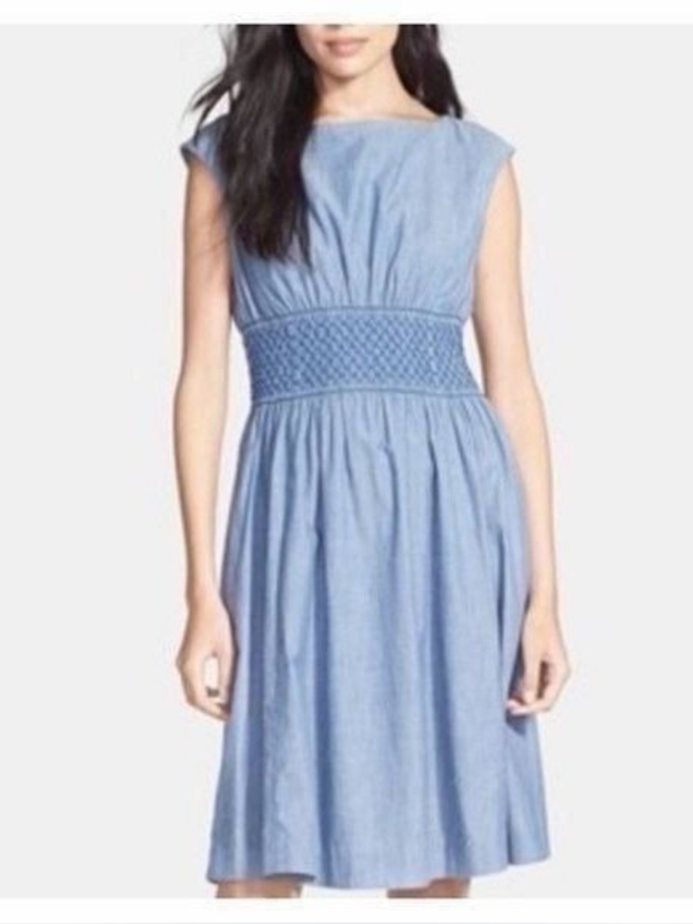 Kate Spade Blaire Blue Smocked Waist chambray Sleeveless Dress 6